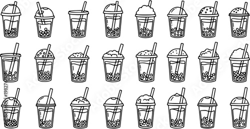 Hand-drawn Black and White Line Art Doodles of Bubble Tea Drinks. Vector Set of Various Boba Tea Cups with Straws and Tapioca Pearls for Food  Beverage Industry.
