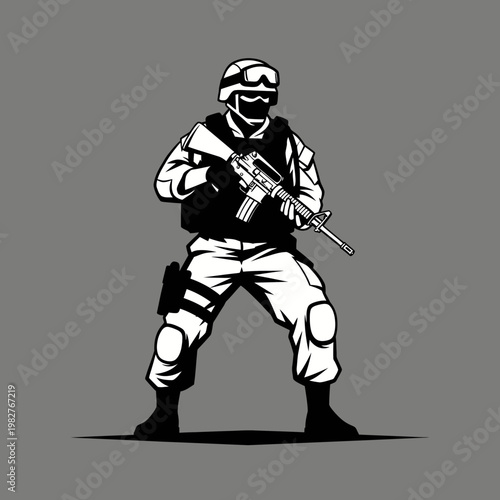 Soldier with assault rifle, tactical gear, ready for combat, military, police, security