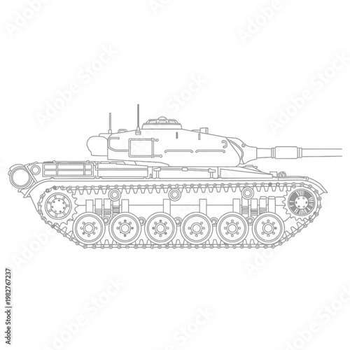 Outline of a modern military tank, side view, detailed illustration