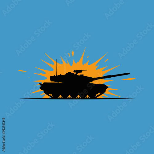 Silhouette of a tank against a vibrant orange explosion and blue sky