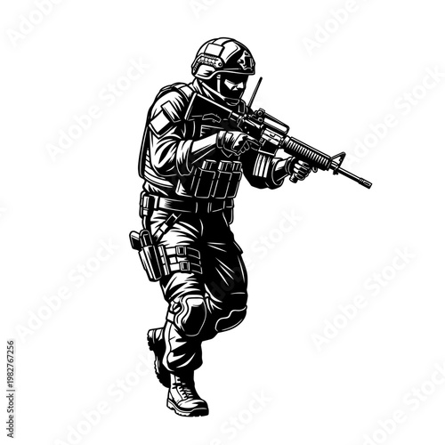 Soldier in tactical gear aiming assault rifle, ready for combat, dynamic action pose