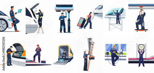 Collection of Flat Vector Illustrations Showing Professional Engineers and Mechanics Performing Maintenance and Technical Diagnostics on Modern High-Speed Trains.