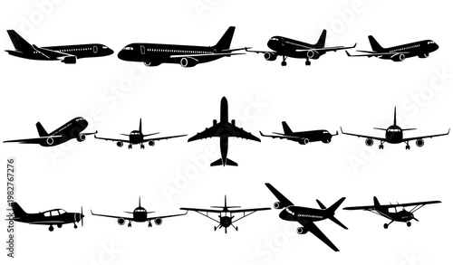Airplane silhouettes set with multiple aircraft models in side top and front views isolated on white