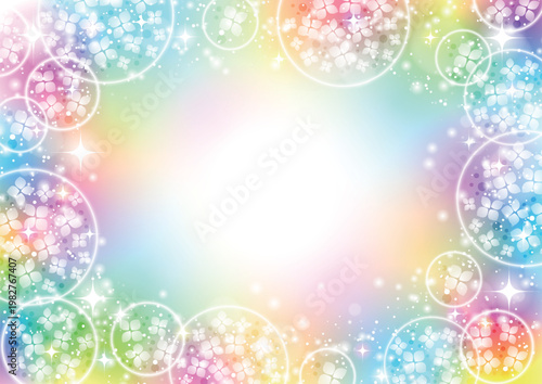 あじさい玉、背景、梅雨、6月、かわいい、イラスト、キラキラ、虹色