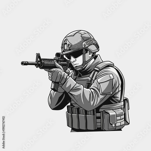 Soldier aiming assault rifle, tactical gear, combat ready, military action, focus