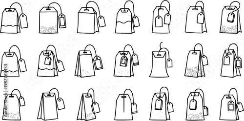 Black and White Line Art Icons of Various Tea Bags with Tags