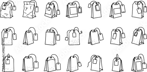 Black and white line art illustration of various tea bag icons in a grid.