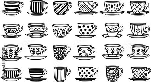 Hand-drawn Black  White Line Art Teacups and Coffee Cups with Saucers. Outline Drinkware Collection for Food  Drink, Kitchenware, and Home Decor.