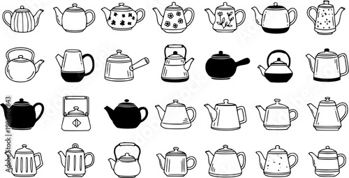 Black  White Line Art Teapots and Kettles Collection for Kitchenware, Food  Drink, and Home Decor Industry Graphics