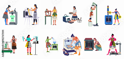Illustration set of women using 3D printers to create futuristic fashion, clothing, and accessories in a modern high-tech design and manufacturing environment.