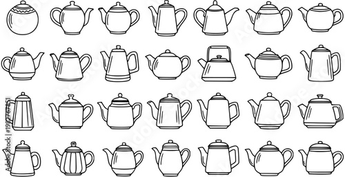 Black and White Line Art Collection of Various Teapots for Kitchen and Cafe Use