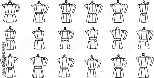 Black and White Line Art Moka Pot Icons Set. Stovetop Espresso Makers for Coffee, Kitchen, Cafe, and Beverage Industry Vector Illustrations.