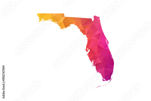 Bild auf Leinwand Florida Map - Polygon Style Vector Illustration in Orange and Pink Gradient, Low Poly Geometric Design, Isolated on White Background for Infographics and Education