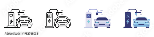 Charging station icon set, modern vector collection with editable stroke in multiple styles, including charging port