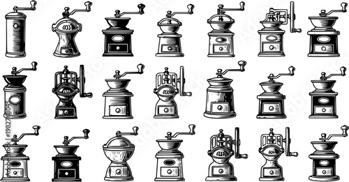 Food  Drink Industry Vintage Coffee Grinders Collection. Hand-Drawn Black and White Line Art Sketch of Antique Manual Mills.