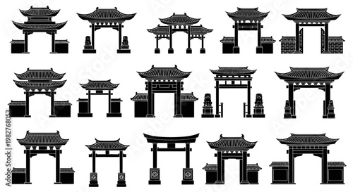 Collection of Traditional Chinese Gateways and Arches, Asian Architecture Silhouettes
