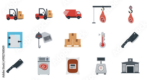 Meat Industry Logistics and Processing Icons Set