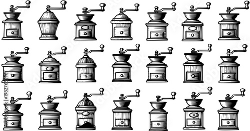 Vintage Coffee Grinders Collection Hand-drawn in Black  White Line Art. Set of Retro Manual Coffee Mills for Food  Beverage Industry Design.