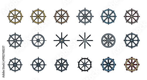 Collection of Diverse Ship Steering Wheels, Nautical Navigation Icons, Maritime Design Elements