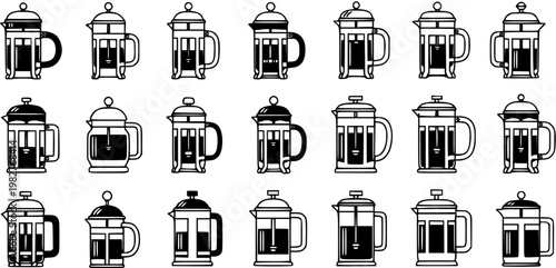 Food and Drink Industry Black and White Line Art French Press Coffee Maker Icons and Glyphs Collection for Beverage Design Elements