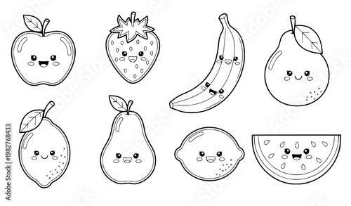 Cute cartoon fruit coloring set – happy apple, banana and strawberry line art