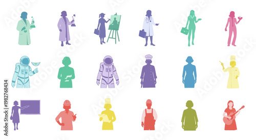 Diverse Women Professions Silhouettes: Science, Art, Space, Medicine, Culinary, Music, Engineering