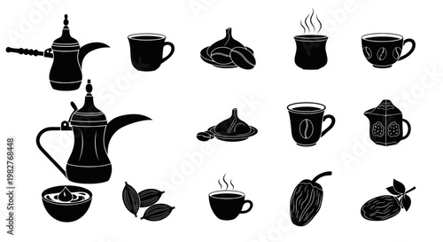 Arabic Coffee And Dates Icons Set: Traditional Dallah, Cups, Fruits, Leaves, Silhouette