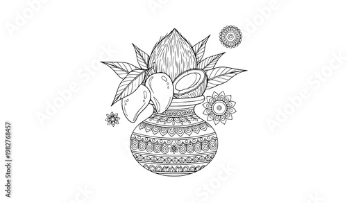 Traditional Indian Kalash coloring page – sacred Hindu festival vessel line art
