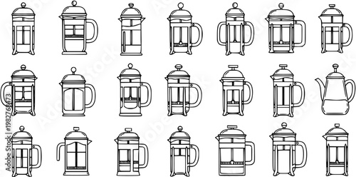 Coffee and Beverage Industry French Press Vector Line Art Icons Set. Collection of Outline Cafetiere and Coffee Pot Designs for Brewing Hot Drinks.
