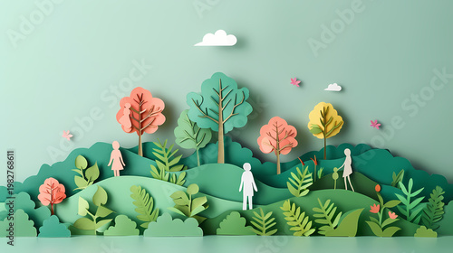 Uplifting 3D paper cut scene of a diverse group of people working together to plant and tend a magnificent large teal tree with visible roots on a warm