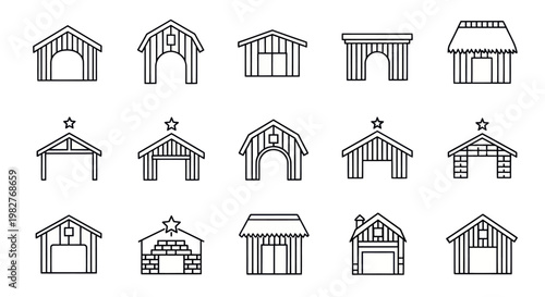 Collection of Simple Barn and Shed Outline Icons, Farm Building Vector Set