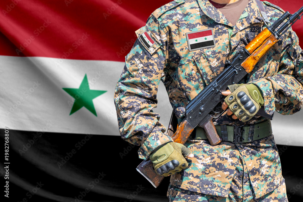 Obraz premium Syria flag with soldier holding assault rifle