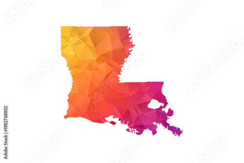 Louisiana Map - Polygon Style Vector Illustration in Orange and Pink Gradient, Low Poly Geometric Design, Isolated on White Background for Infographics and Education.