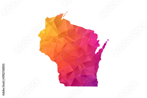 Wisconsin Map - Polygon Style Vector Illustration in Orange and Pink Gradient, Low Poly Geometric Design, Isolated on White Background for Infographics and Education.