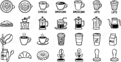 Hand-drawn Black  White Line Art Doodle Icons of Coffee Drinks, Brewing Equipment, Beans, and Cafe Food Elements Collection