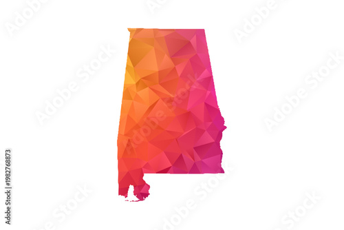 Alabama Map - Polygon Style Vector Illustration in Orange and Pink Gradient, Low Poly Geometric Design, Isolated on White Background for Infographics and Education.