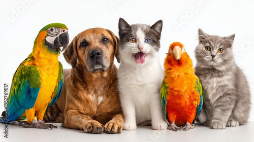 cat and dog and parrots