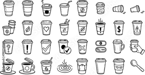 Monochrome Hand-Drawn Line Art Coffee Cup Icons: Disposable, To-Go, and Hot Drink Beverage Symbols