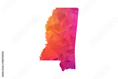 Mississippi Map - Polygon Style Vector Illustration in Orange and Pink Gradient, Low Poly Geometric Design, Isolated on White Background for Infographics and Education.