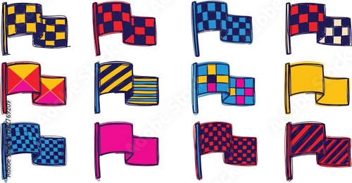 Colorful doodle sketch racing and maritime signal flag vector set