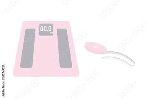 ピンクのヘルスメーター（体重計）とメジャー