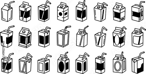 Food and Drink Industry Black and White Line Art Icons Set: Hand-Drawn Doodle Collection of Various Juice Boxes, Milk Cartons, and Beverage Packs with Straws.