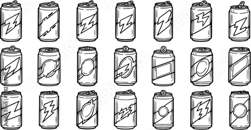 Black and White Line Art Collection of Hand-drawn Soda and Drink Cans. Outline Aluminum Beverage Containers for Food and Drink Industry Graphics.