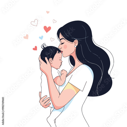 Mother's Day illustration of a loving mother kissing her sleeping baby with hearts floating around them