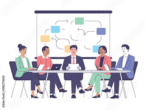 Business team collaborates around a table while analyzing a complex strategy flow chart.