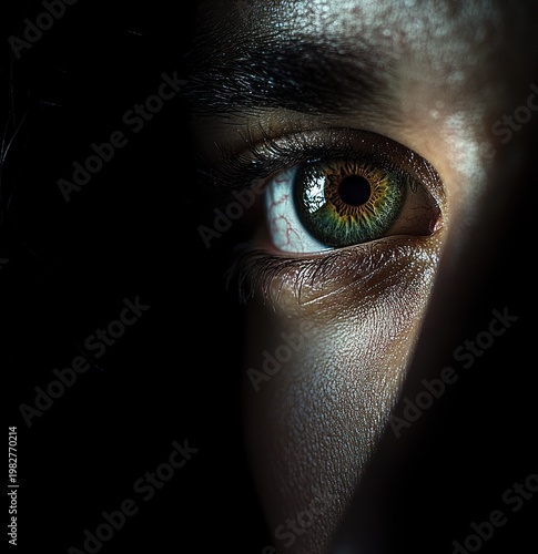 Close-up of a single green-amber eye with detailed iris and pupil, bloodshot sclera, long eyelashes and textured skin, half the face in deep shadow, intense watchful expression
