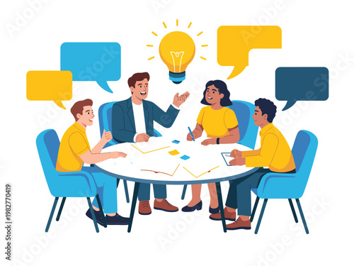 Colleagues discuss innovative project ideas while sitting around a circular meeting table.