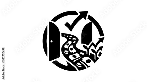 Icon of Open Door with Money Flow and Arrow for Financial Growth and Prosperity