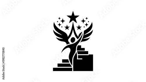 Icon of a Woman with Wings and Stars Standing on Steps in a Mythical or Fantasy Style