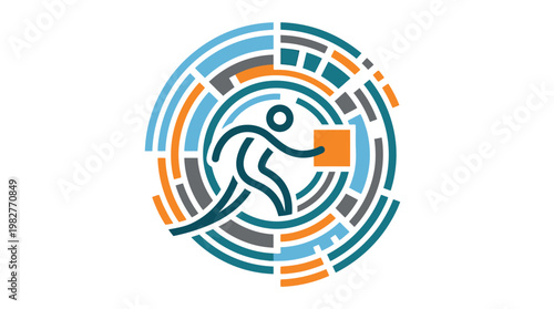 Vector Icon of a Person Running with a Briefcase in a Circular Digital Maze Style